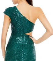 Mac Duggal Sequin One Shoulder Cap Sleeve Cut-Out Gown