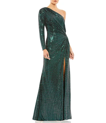 Mac Duggal Sequin One Shoulder Neck One Sleeve Ruched Gown