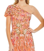 Mac Duggal Sequin One Shoulder Short Flutter Sleeve Gown