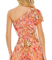 Mac Duggal Sequin One Shoulder Short Flutter Sleeve Gown