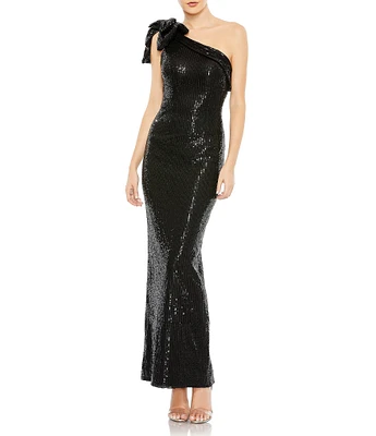 Mac Duggal Sequin One Shoulder Sleeveless Bow Shoulder Back Slit Column Gown