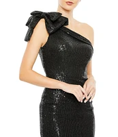 Mac Duggal Sequin One Shoulder Sleeveless Bow Shoulder Back Slit Column Gown