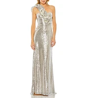 Mac Duggal Sequin Ruffle One Shoulder Sleeveless Gown