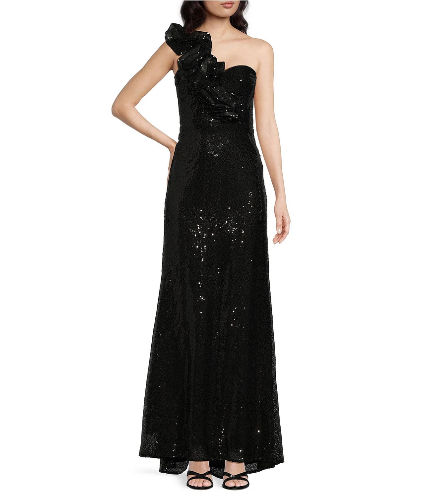 Mac Duggal Sequin Ruffle One Shoulder Sleeveless Gown