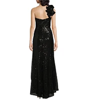 Mac Duggal Sequin Ruffle One Shoulder Sleeveless Gown