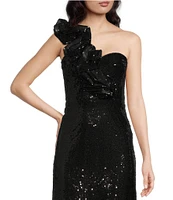 Mac Duggal Sequin Ruffle One Shoulder Sleeveless Gown