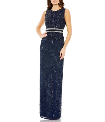 Mac Duggal Sequin Sleeveless High Crew Neck Back Slit Sheath Gown