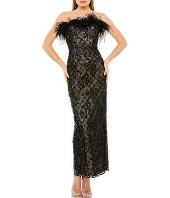 Mac Duggal Sequin Strapless Feather Neck Floral Lace Slit Back Dress