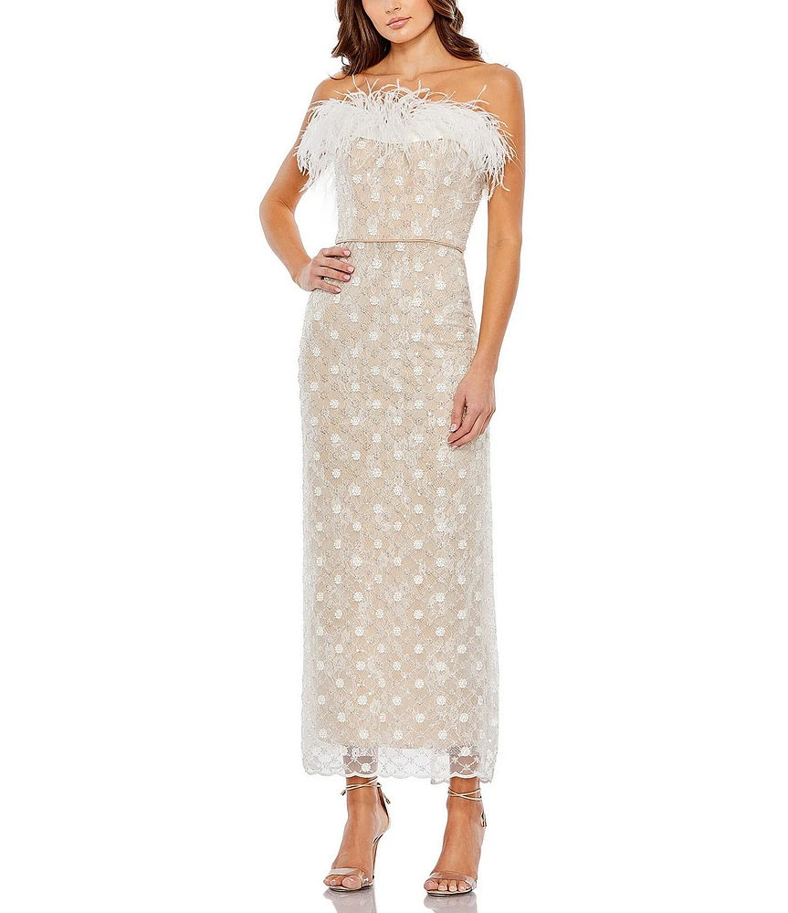 Mac Duggal Sequin Strapless Feather Neck Floral Lace Slit Back Dress
