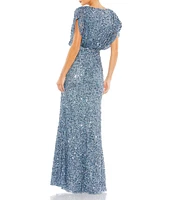 Mac Duggal Sequin Surplice V-Neck Draped 3/4 Sleeve Blouson Bodice Sheath Gown