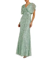 Mac Duggal Sequin Surplice V-Neck Draped 3/4 Sleeve Blouson Bodice Sheath Gown