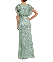 Mac Duggal Sequin Surplice V-Neck Draped 3/4 Sleeve Blouson Bodice Sheath Gown
