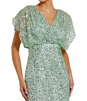 Mac Duggal Sequin Surplice V-Neck Draped 3/4 Sleeve Blouson Bodice Sheath Gown