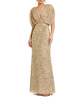 Mac Duggal Sequin Surplice V-Neck Draped 3/4 Sleeve Blouson Bodice Sheath Gown