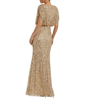 Mac Duggal Sequin Surplice V-Neck Draped 3/4 Sleeve Blouson Bodice Sheath Gown