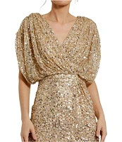 Mac Duggal Sequin Surplice V-Neck Draped 3/4 Sleeve Blouson Bodice Sheath Gown