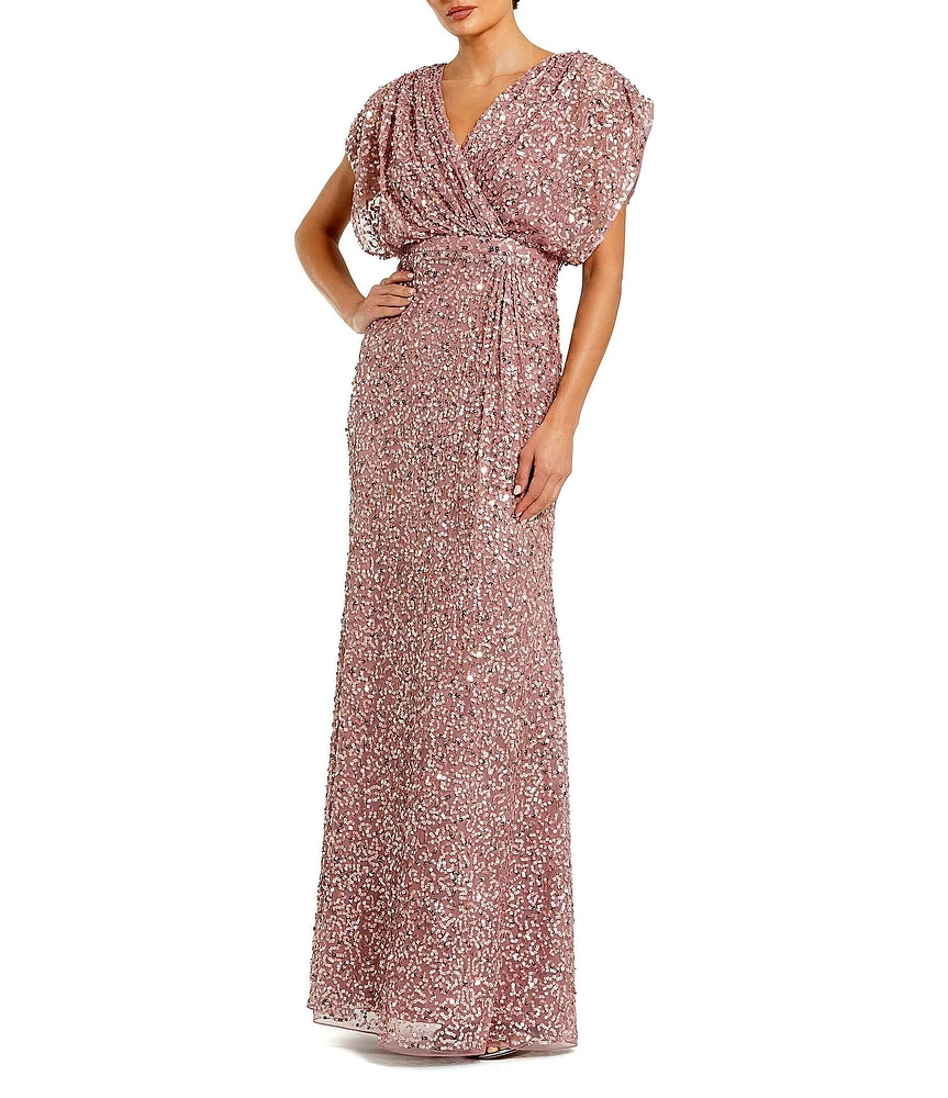 Mac Duggal Sequin Surplice V-Neck Draped 3/4 Sleeve Blouson Bodice Sheath Gown