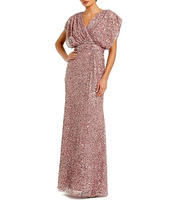 Mac Duggal Sequin Surplice V-Neck Draped 3/4 Sleeve Blouson Bodice Sheath Gown