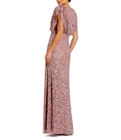 Mac Duggal Sequin Surplice V-Neck Draped 3/4 Sleeve Blouson Bodice Sheath Gown
