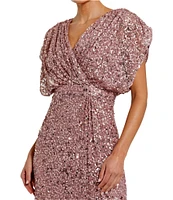 Mac Duggal Sequin Surplice V-Neck Draped 3/4 Sleeve Blouson Bodice Sheath Gown
