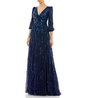 Mac Duggal Sequin Surplice V-Neck 3/4 Sleeve Embellished A-Line Gown