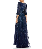 Mac Duggal Sequin Surplice V-Neck 3/4 Sleeve Embellished A-Line Gown