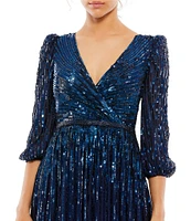 Mac Duggal Sequin Surplice V-Neck 3/4 Sleeve Embellished A-Line Gown