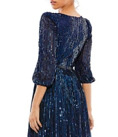 Mac Duggal Sequin Surplice V-Neck 3/4 Sleeve Embellished A-Line Gown