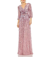 Mac Duggal Sequin Surplice V-Neck 3/4 Sleeve Embellished A-Line Gown