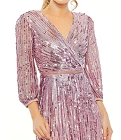 Mac Duggal Sequin Surplice V-Neck 3/4 Sleeve Embellished A-Line Gown