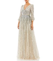 Mac Duggal Sequin Surplice V-Neck 3/4 Sleeve Embellished A-Line Gown