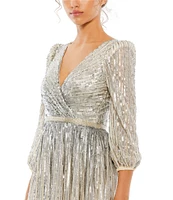 Mac Duggal Sequin Surplice V-Neck 3/4 Sleeve Embellished A-Line Gown