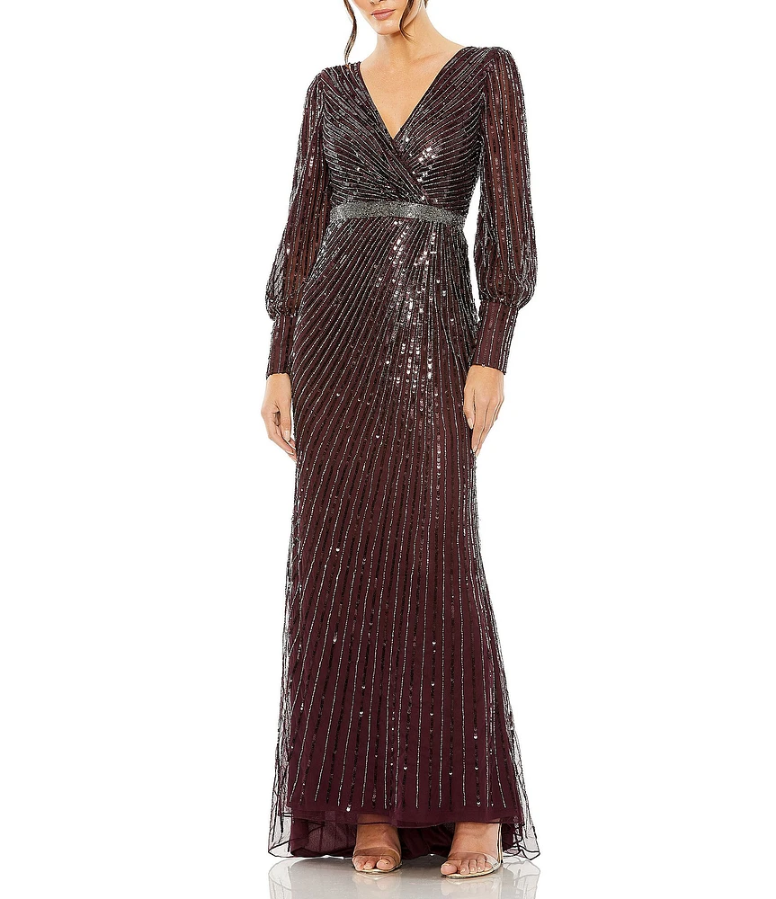 Mac Duggal Sequin Surplice V-Neck Long Bishop Sleeve Wrap Over Gown