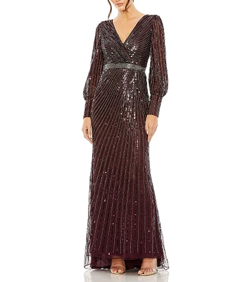 Mac Duggal Sequin Surplice V-Neck Long Bishop Sleeve Wrap Over Gown