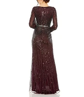 Mac Duggal Sequin Surplice V-Neck Long Bishop Sleeve Wrap Over Gown