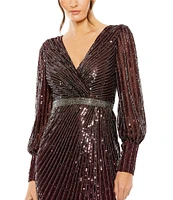 Mac Duggal Sequin Surplice V-Neck Long Bishop Sleeve Wrap Over Gown