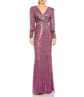 Mac Duggal Sequin Surplice V-Neck Long Bishop Sleeve Wrap Over Gown