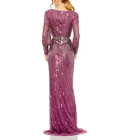 Mac Duggal Sequin Surplice V-Neck Long Bishop Sleeve Wrap Over Gown