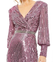 Mac Duggal Sequin Surplice V-Neck Long Bishop Sleeve Wrap Over Gown