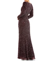 Mac Duggal Sequin Surplice V-Neck Long Puff Sleeve Faux Wrap Gown