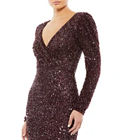 Mac Duggal Sequin Surplice V-Neck Long Puff Sleeve Faux Wrap Gown