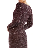 Mac Duggal Sequin Surplice V-Neck Long Puff Sleeve Faux Wrap Gown