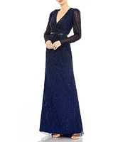 Mac Duggal Sequin Surplice V-Neck Long Sleeve Gown