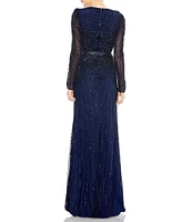 Mac Duggal Sequin Surplice V-Neck Long Sleeve Gown