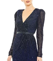 Mac Duggal Sequin Surplice V-Neck Long Sleeve Gown