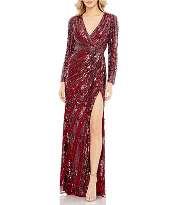 Mac Duggal Sequin Surplice V-Neck Long Sleeve Gown