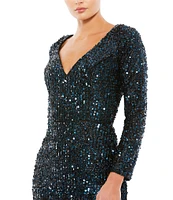 Mac Duggal Sequin Sweetheart Neck Long Sleeve Gown