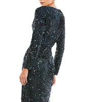 Mac Duggal Sequin Sweetheart Neck Long Sleeve Gown