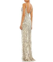 Mac Duggal Sequin V-Neck Floral Leaves Spaghetti Strap Scoop Back Detail Gown