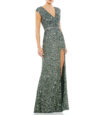 Mac Duggal Sequin V-Neck Thigh High Slit Sleeveless Sheath Gown